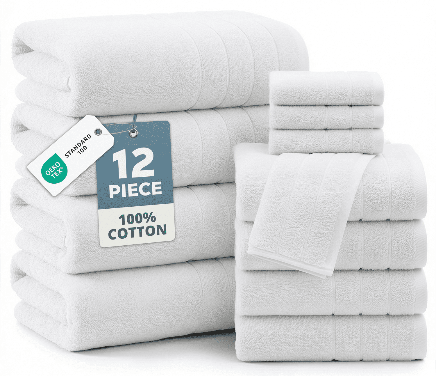 Casa Platino 12 Piece White Cotton Towels Set - Includes 4 Large White Bath Towels, 4 Hand Towels & 4 Washcloths - Soft Absorbent Towels for Bathroom