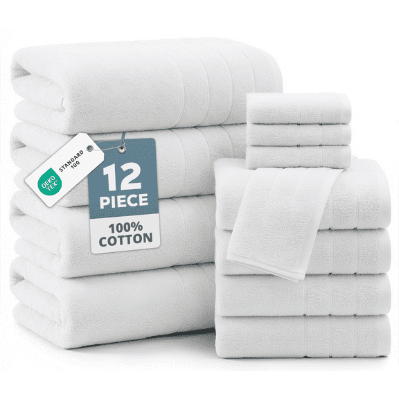 Casa Platino 12 Piece White Cotton Towels Set - Includes 4 Large White Bath Towels, 4 Hand Towels & 4 Washcloths - Soft Absorbent Towels for Bathroom