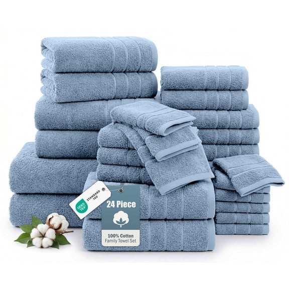 Casa Platino 100% Ring Spun Cotton Bath Towel Set of 24 - 2 Bath Sheets, 2 Gym Towel, 2 Bath, 4 Fingertip, 6 Hand, 8 Washcloths, Quick-Dry, Ideal for Spa, Daily Use - Cerulean Blue