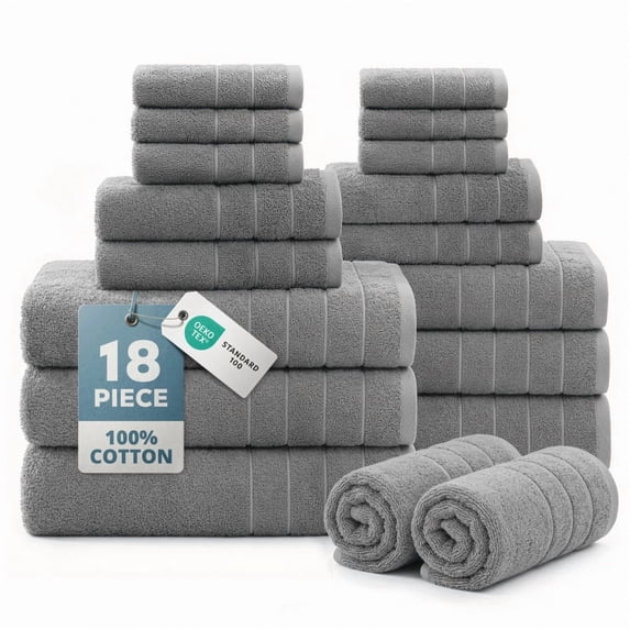 Casa Platino 18 Piece Bath Towels Set - 6 Large Bath Towels, 6 Hand Towels & 6 Washcloths - Soft Absorbent Cotton Towels for Bathroom - Cool Grey