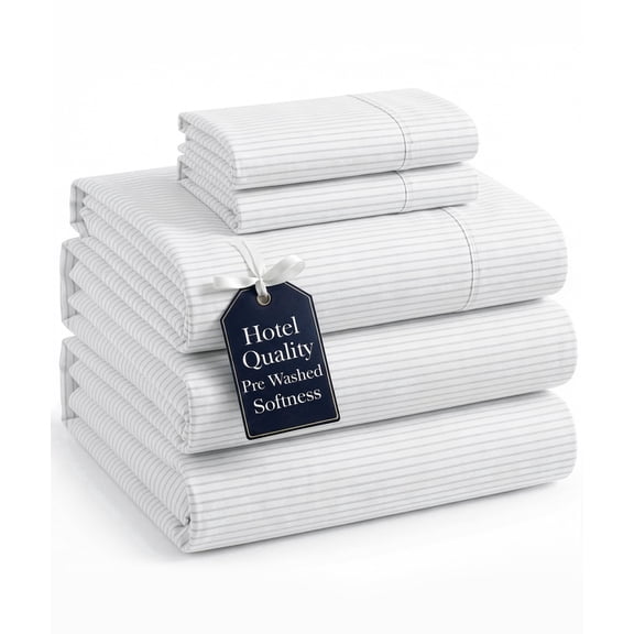 Casa Platino Split King Size Bed Sheets Set - Washed Ultra-Soft Microfiber Split King Bed Sheets - Extra Soft - 5 Piece Set - Bedding Sheets & Pillowcases, Split King-Ticking Stripe Silver