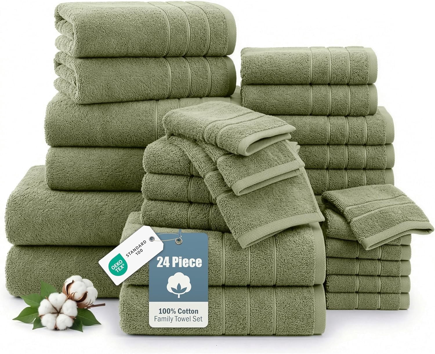 Casa Platino Towel Set of 24 – 100% Ring-Spun Cotton, 2 Bath Sheets, 2 Gym Towel, 2 Bath, 4 Fingertip, 6 Hand, 8 Washcloths, Perfect for Families, Soft After Every Wash – Oil Green