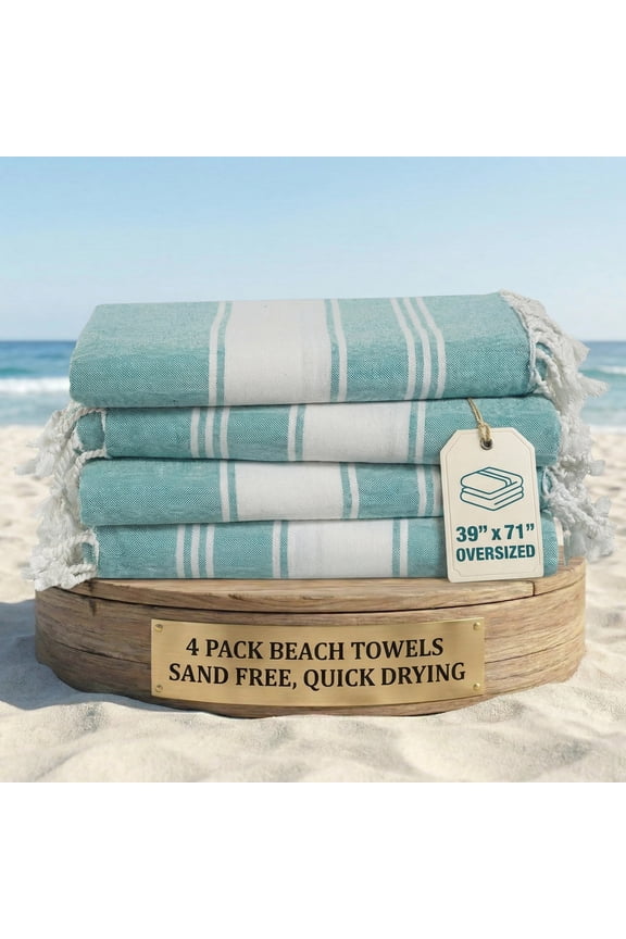 Turkish Cotton Beach Towels 4 Pack, Sand Free & Quick Dry, Oversized Towels for Pool, Beach & Travel Essentials - Hunter Green