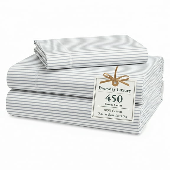 Casa Platino Twin Bed Sheet – 450TC 100% Cotton Cooling Bed Sheets, Premium Hotel Sateen Finish, Oeko-Tex Certified, Restful Sleep – Ticking Stripe