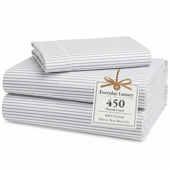 Casa Platino Twin Bed Sheet – 450TC 100% Cotton Cooling Bed Sheets, Premium Hotel Sateen Finish, Oeko-Tex Certified, Restful Sleep – Ticking Stripe