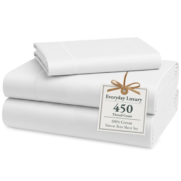 Casa Platino Cotton Twin Sheets – 450 Thread Count 100% Cotton Cooling Sheets, Soft Sateen Weave, Deep Pocket Fits 15” Mattress, Fade-Resistant Hotel Bedding – White