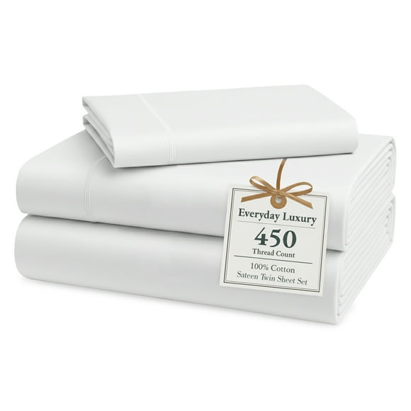Casa Platino Cotton Twin Sheets – 450 Thread Count 100% Cotton Cooling Sheets, Soft Sateen Weave, Deep Pocket Fits 15” Mattress, Fade-Resistant Hotel Bedding – White