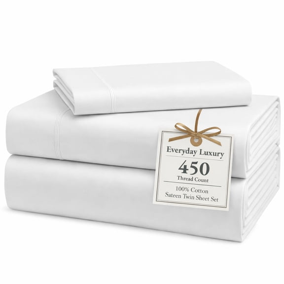Casa Platino Cotton Twin Sheets – 450 Thread Count 100% Cotton Cooling Sheets, Soft Sateen Weave, Deep Pocket Fits 15” Mattress, Fade-Resistant Hotel Bedding – White