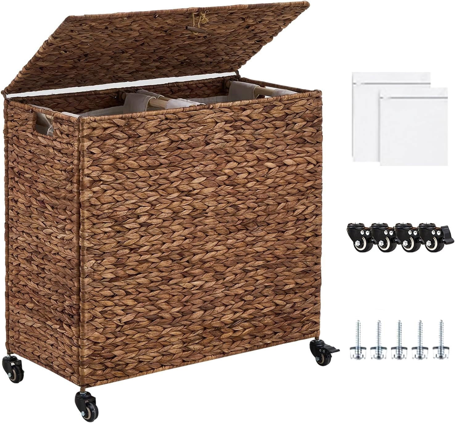 Casa Pura Furniture 120L Espresso Hand-Woven 2-Section Laundry Hamper with Wheels, Lid & Removable Washable Liner, Water Hyacinth Clothes Storage for Bathroom & Laundry Room