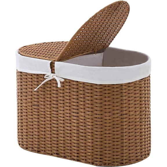 Casa Pura Furniture 2-Section Laundry Hamper with Lid, Handwoven Water Hyacinth Wicker Clothes Basket with Removable Liner Bags for Bedroom, Bathroom and Laundry Room