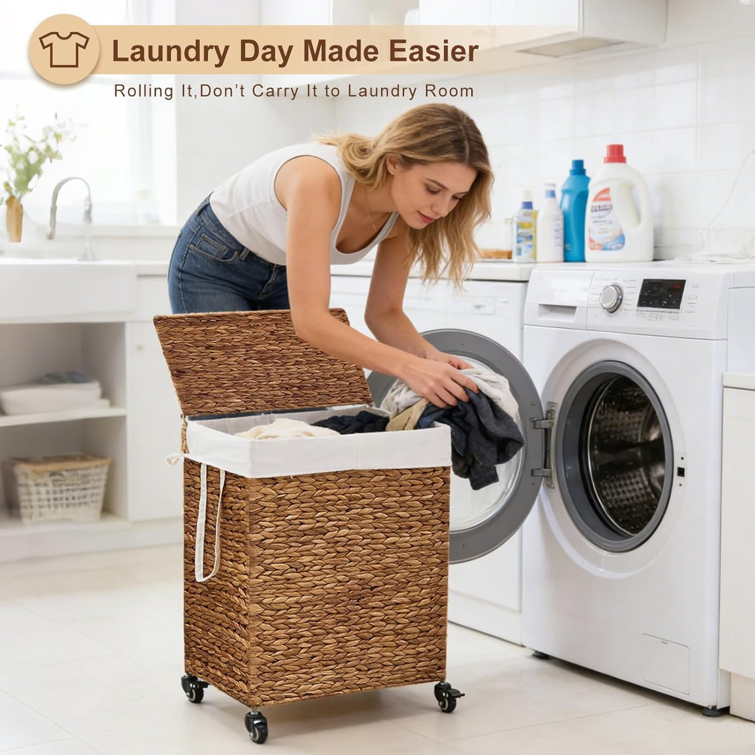 Casa Pura Furniture 2-Section Laundry Hamper with Lid, Water Hyacinth Woven Laundry Sorter with Removable Liners, Rolling or Non-Slip Design
