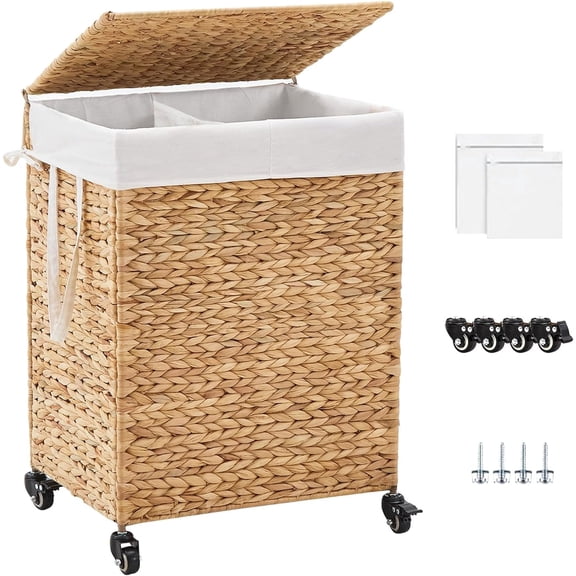 Casa Pura Furniture 2-Section Laundry Hamper with Lid, Water Hyacinth Woven Laundry Sorter with Removable Liners, Rolling or Non-Slip Design