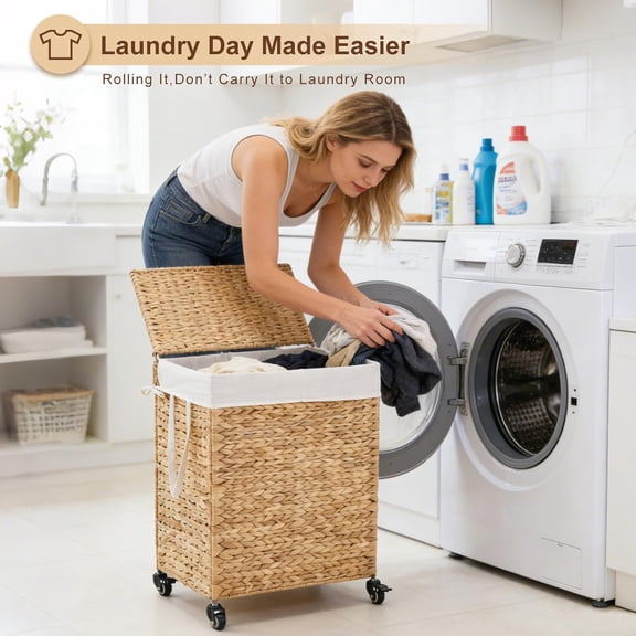 Casa Pura Furniture 2-Section Laundry Hamper with Lid, Water Hyacinth Woven Laundry Sorter with Removable Liners, Rolling or Non-Slip Design