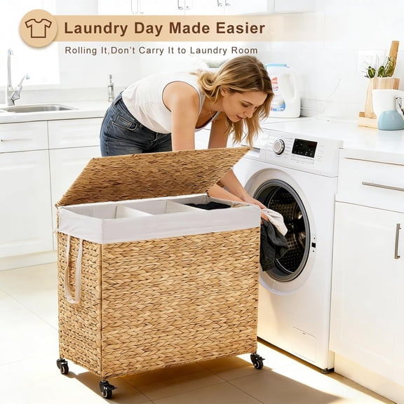 Casa Pura Furniture 3-Section Laundry Hamper with Lid, Water Hyacinth Woven Laundry Sorter with Removable Liners, Rolling or Non-Slip Design