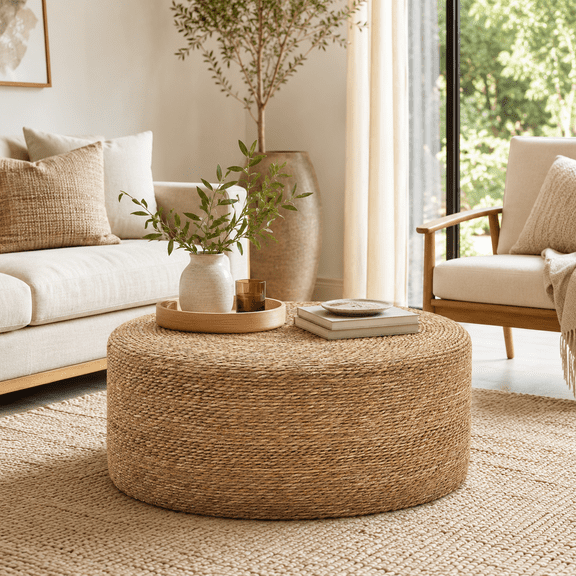 Casa Pura Furniture Bohemian Scratch-Resistant Round Seagrass Coffee Table with Solid Wood Frame, Off-White