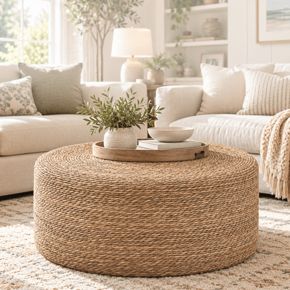 Casa Pura Furniture Round Coffee Table with Seagrass Top and Solid Wood Frame, Bohemian Style, off White