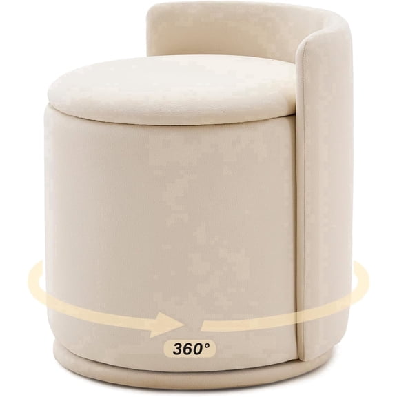 Casa Pura Furniture 360° Swivel Vanity Makeup Chair with Storage, Upholstered Accent Stool with Backrest, Round Ottoman for Bedroom, Makeup Room & Living Room, White