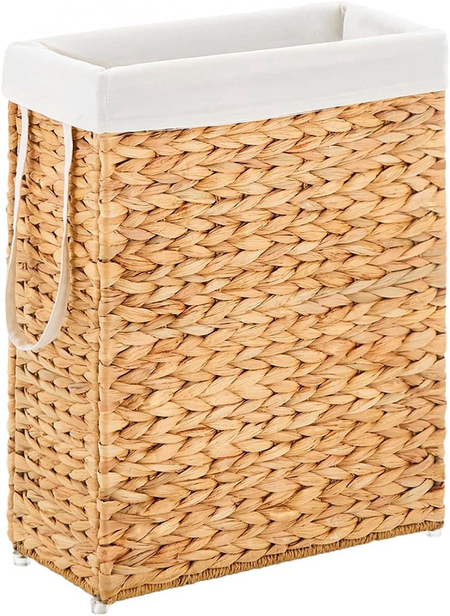 Casa Pura Furniture 55L Slim Handwoven Water Hyacinth Laundry Hamper, Narrow Wicker Laundry Basket with Handles, Removable Liner & 2 Mesh Bags