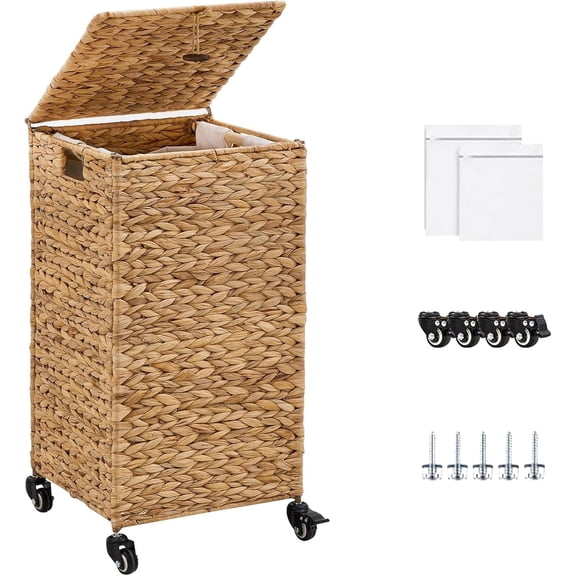 Casa Pura Furniture 65L Natural Water Hyacinth Woven Laundry Hamper with Wheels, Lid & Removable Washable Liner, Large Clothes Storage Basket for Bathroom & Laundry Room