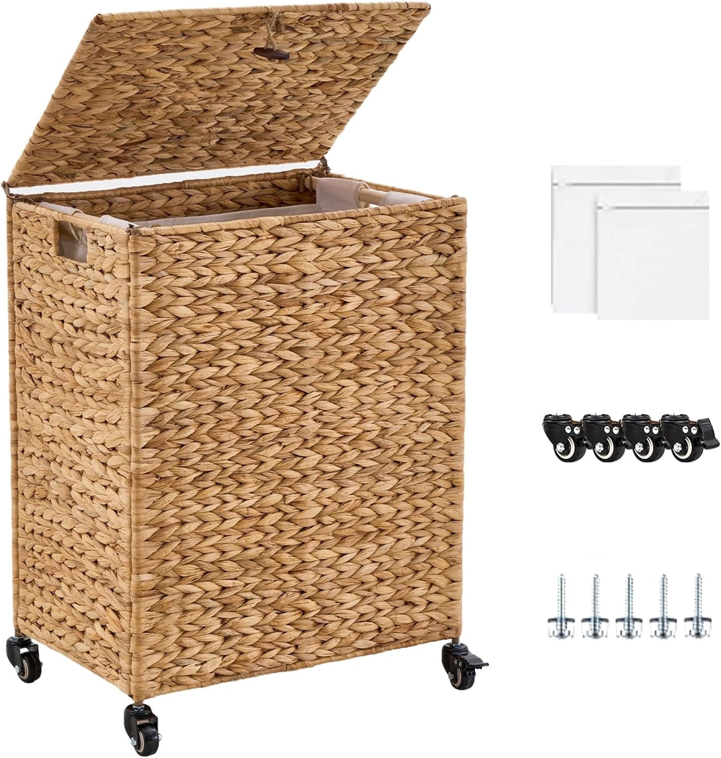 Casa Pura Furniture 90L Natural Hand-Woven Water Hyacinth Laundry Hamper with Wheels, Lid & Removable Washable Liner, Clothes Storage Basket for Bathroom & Laundry Room