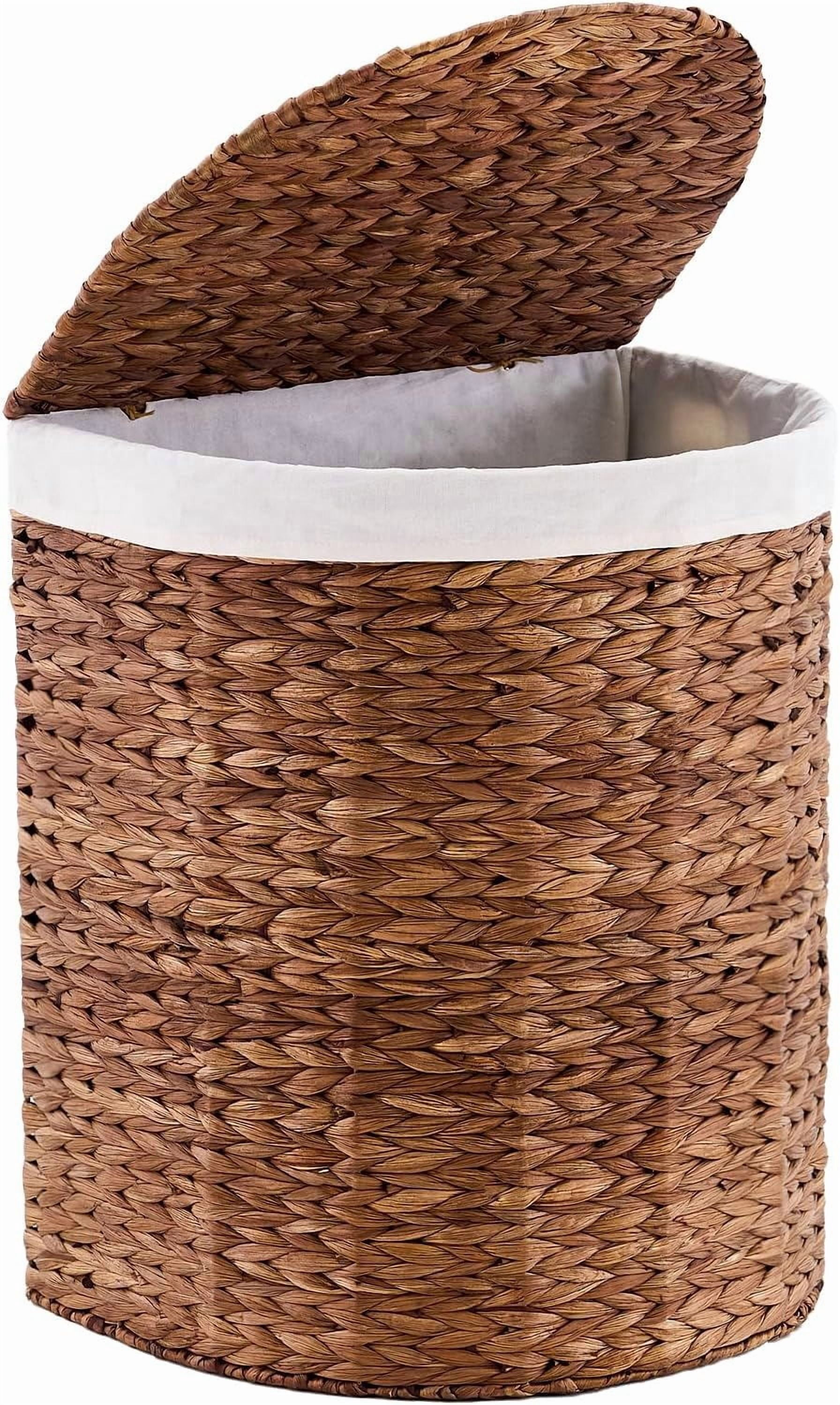 Casa Pura Furniture Espresso Half Round Wicker Laundry Hamper with Lid and 2 Removable Liner Bags, Handwoven Water Hyacinth Dirty Clothes Storage Basket