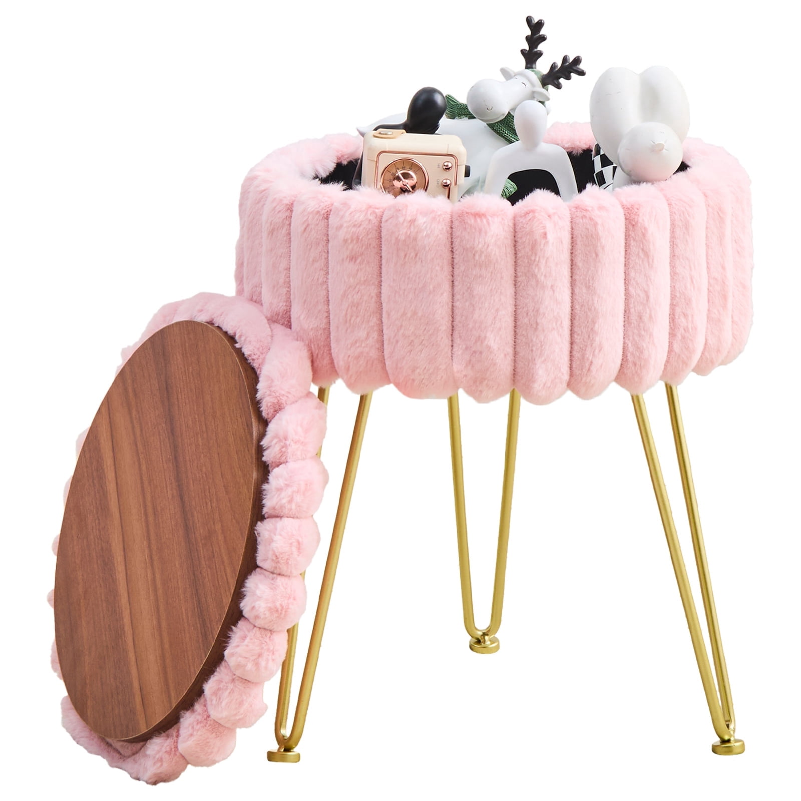Casa Pura Furniture Faux Fur Vanity Stool with Storage Round Ottoman Footstool with Gold Metal Legs, Makeup Vanity Chair for Bedroom, Pink
