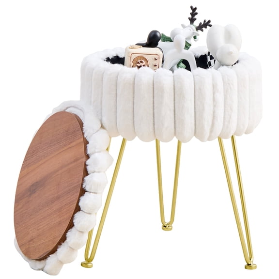 Casa Pura Furniture Faux Fur Vanity Stool with Storage Round Ottoman Footstool with Gold Metal Legs, Makeup Vanity Chair for Bedroom, White