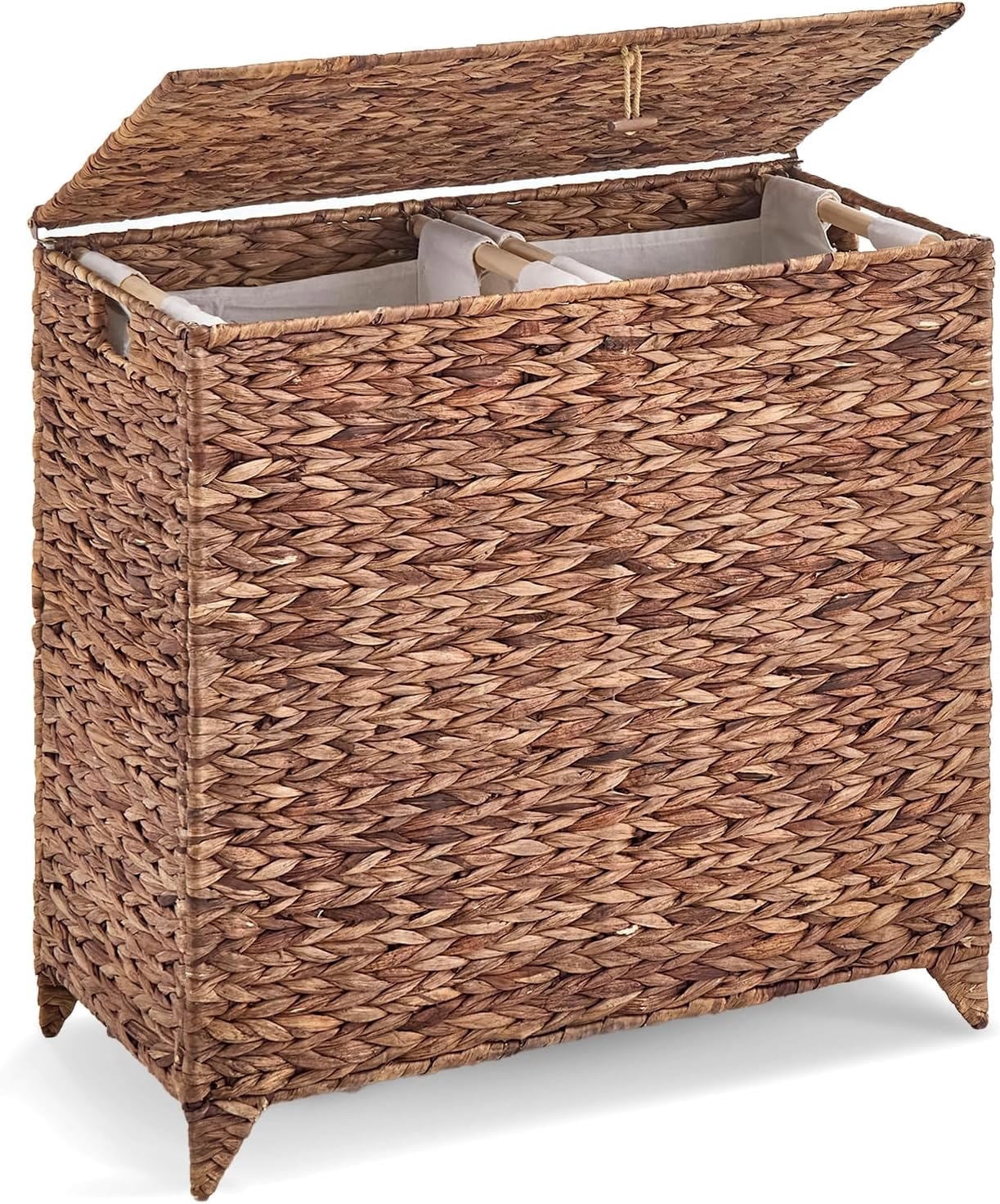 Casa Pura Furniture Handwoven Large Laundry Hamper with Lid, 2 Removable Liner Bags, Heightened Feet, Natural Hyacinth Wicker Clothes Storage Basket for Towels & Clothing