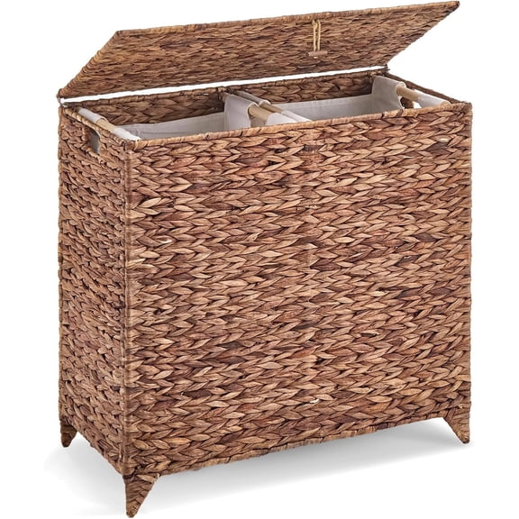 Casa Pura Furniture Handwoven Large Laundry Hamper with Lid, 2 Removable Liner Bags, Heightened Feet, Natural Hyacinth Wicker Clothes Storage Basket for Towels & Clothing
