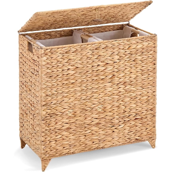 Casa Pura Furniture Handwoven Large Laundry Hamper with Lid, 2 Removable Liner Bags, Heightened Feet, Natural Hyacinth Wicker Clothes Storage Basket for Towels & Clothing