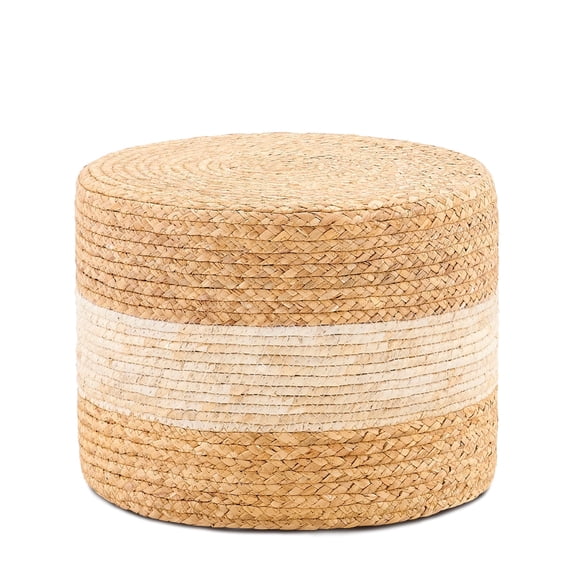 Casa Pura Furniture White Natural Water Hyacinth Round Outdoor Poufs, Tray Top