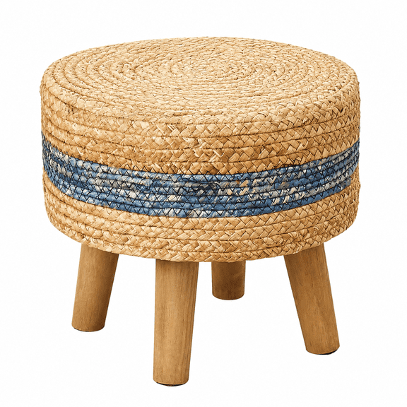 Casa Pura Furniture Ottoman Bohemian Handwoven Round Natural Water Hyacinth Blue 13 in