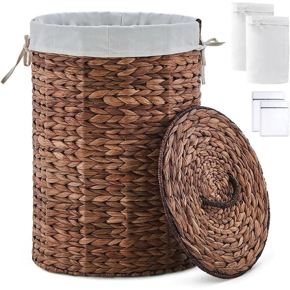 Casa Pura Furniture Adult Handwoven Round Water Hyacinth Laundry Hampers with Lid, Brown