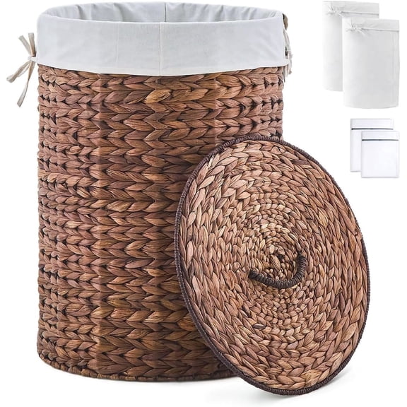 Casa Pura Furniture Round Laundry Hamper Basket, Handwoven Water Hyacinth, 90L with Lid and Handles for Bedroom & Bathroom