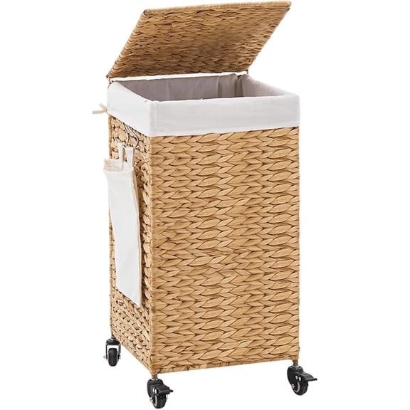 Casa Pura Furniture Handwoven Water Hyacinth Laundry Hamper with Lid, Rolling Wicker Clothes Basket with Removable Liner, 1 / 2 / 3 Section Laundry Sorter for Bedroom, Bathroom or Laundry Room