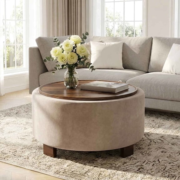 Casa Pura Furniture Modern Round Flip Top Storage Ottoman Coffee Table, Faux Fur Upholstered, Wooden Legs, Brown, 30 in L x 30 in W x 17 in H