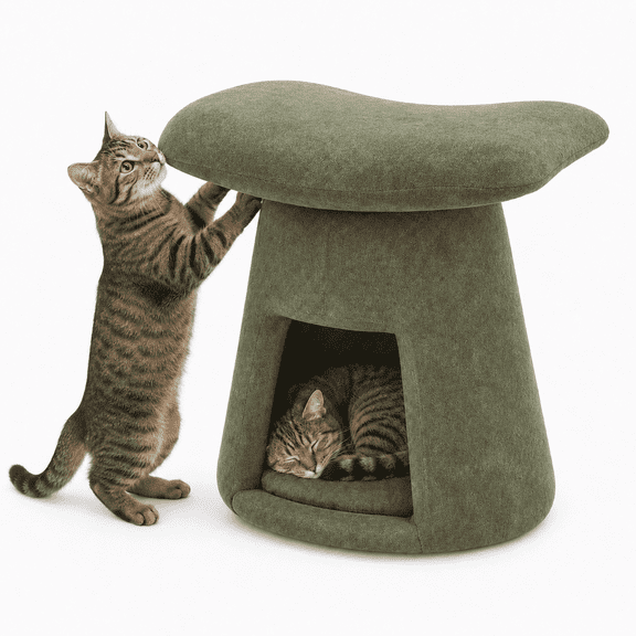 Casa Pura Furniture Medium Cozy Cave Covered Cat Bed, Green Mushroom