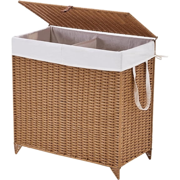 Casa Pura Furniture Adult Natural Hyacinth Wicker Heightened Feet Laundry Hamper with Lid & Removable Liner Bag, Brown