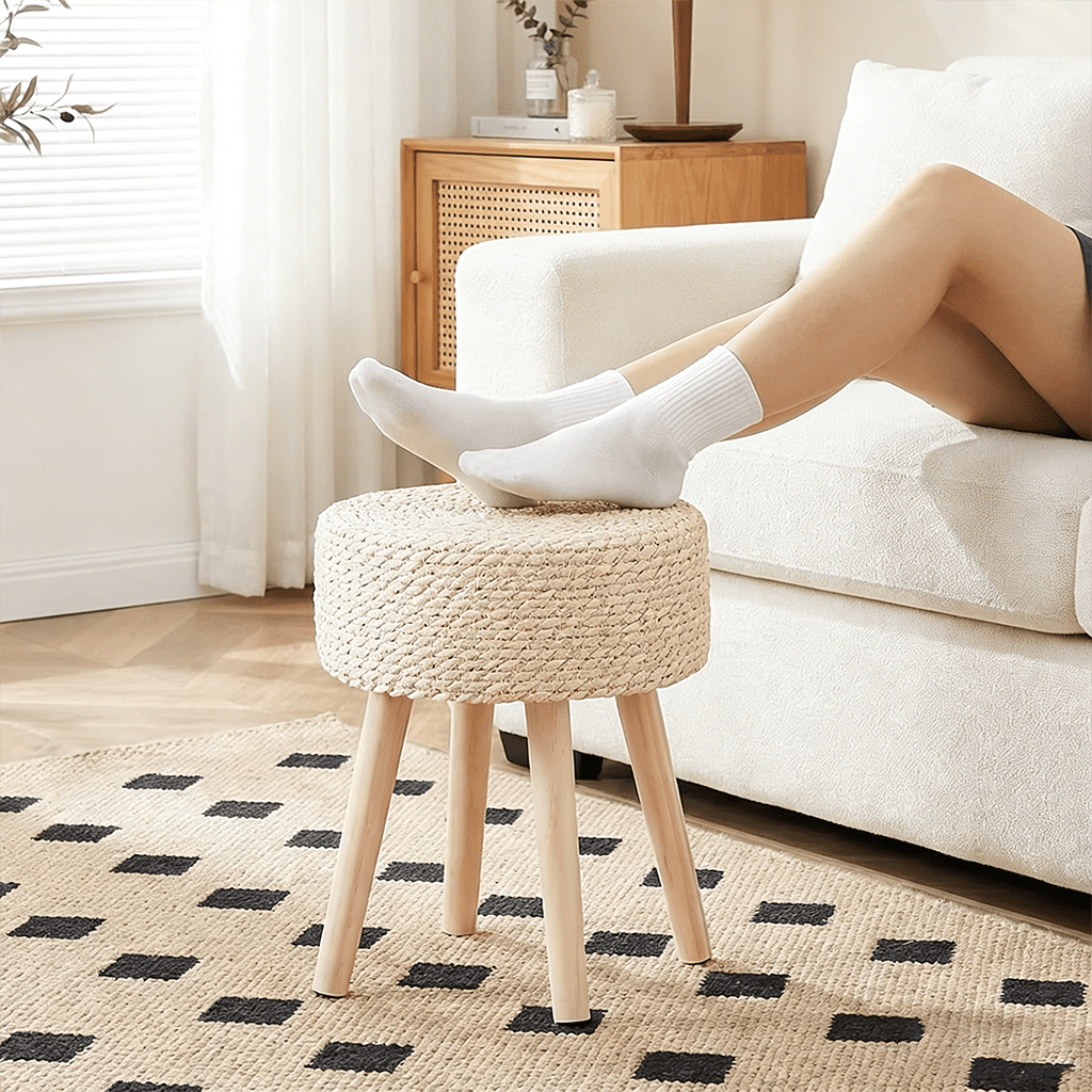 Casa Pura Furniture Round Ottoman Footstool Hand Woven Hyacinth Natural Seagrass Solid Wood Legs Off-White 13" L x 13" W x 16.3" H