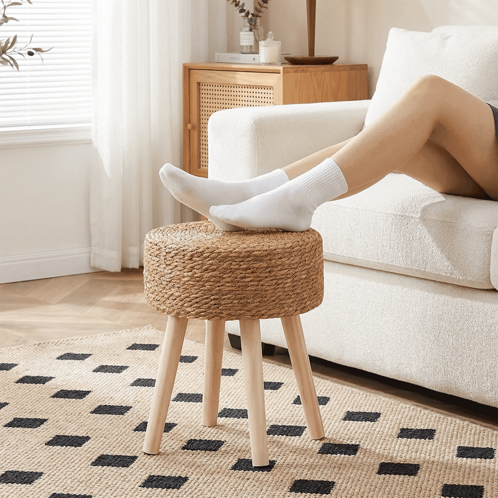 Casa Pura Furniture Ottoman Footstool, Natural Seagrass Round Hand Woven Hyacinth with Solid Wood Legs, Indoor Outdoor, 13 in L x 13 in W x 16.3 in H