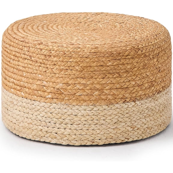 Casa Pura Furniture Bohemian Off-White Water Hyacinth & Corn Husk Round Pouf, Scratch-Resistant