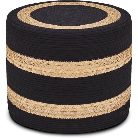 Casa Pura Furniture Boho Braided Black Jute Round Poufs, Ottoman Footrest