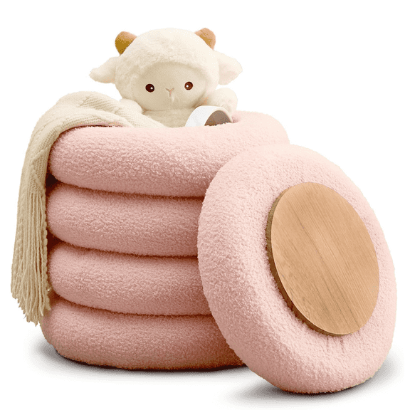 Casa Pura Furniture Plush Round Storage Ottoman Footrest Stool, Modern, Pink, Soft Upholstered, Hidden Storage, with Lid, 15 Inch
