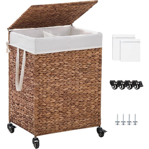 Casa Pura Furniture Rolling 2-Bins Laundry Sorter Hamper with Removable Liners & Lid, Brown