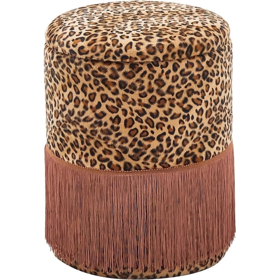 Casa Pura Furniture Round Leopard Velvet Storage Ottoman with Fringe Hidden Storage 300 lbs Capacity 13.78 x 17.72 Inch