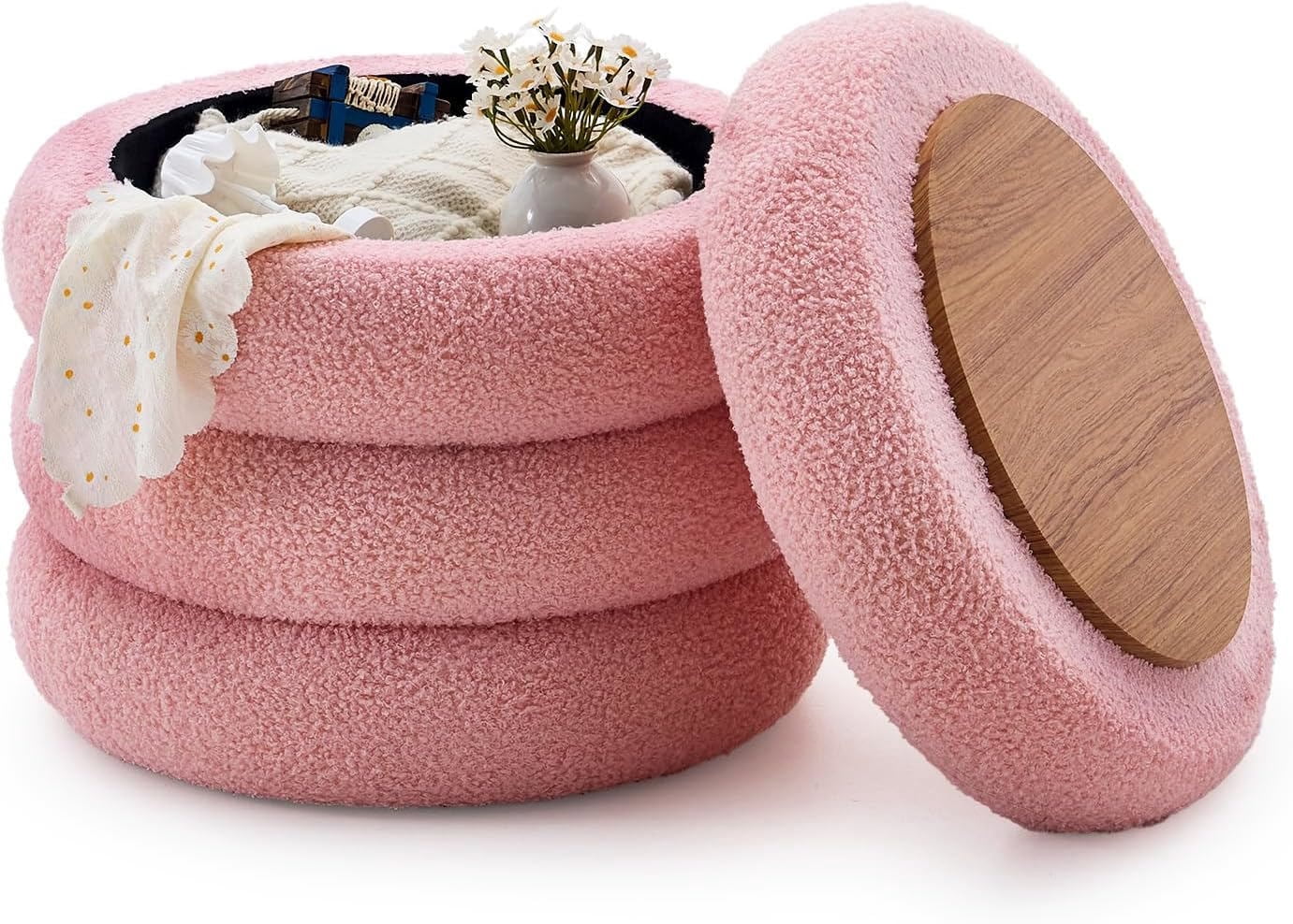 Casa Pura Furniture Round Storage Ottoman, Modern Sherpa Footstool, Teddy Vanity Stool with Flip-Top Tray, Upholstered Footrest for Living Room