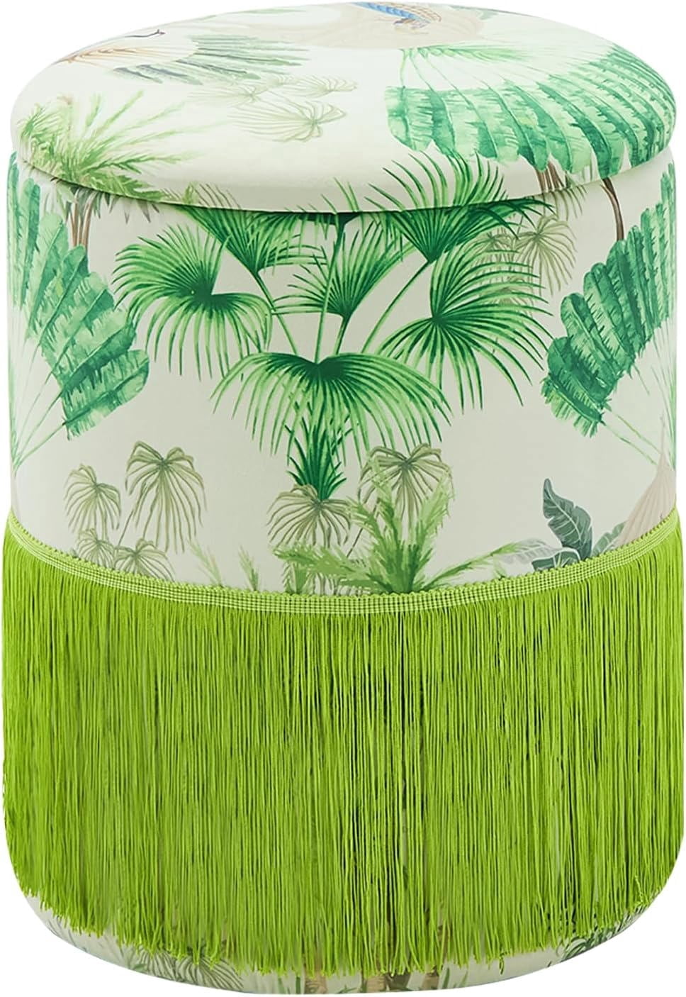 Casa Pura Furniture Round Storage Ottoman Velvet Fringe Upholstered Footrest Stool Green