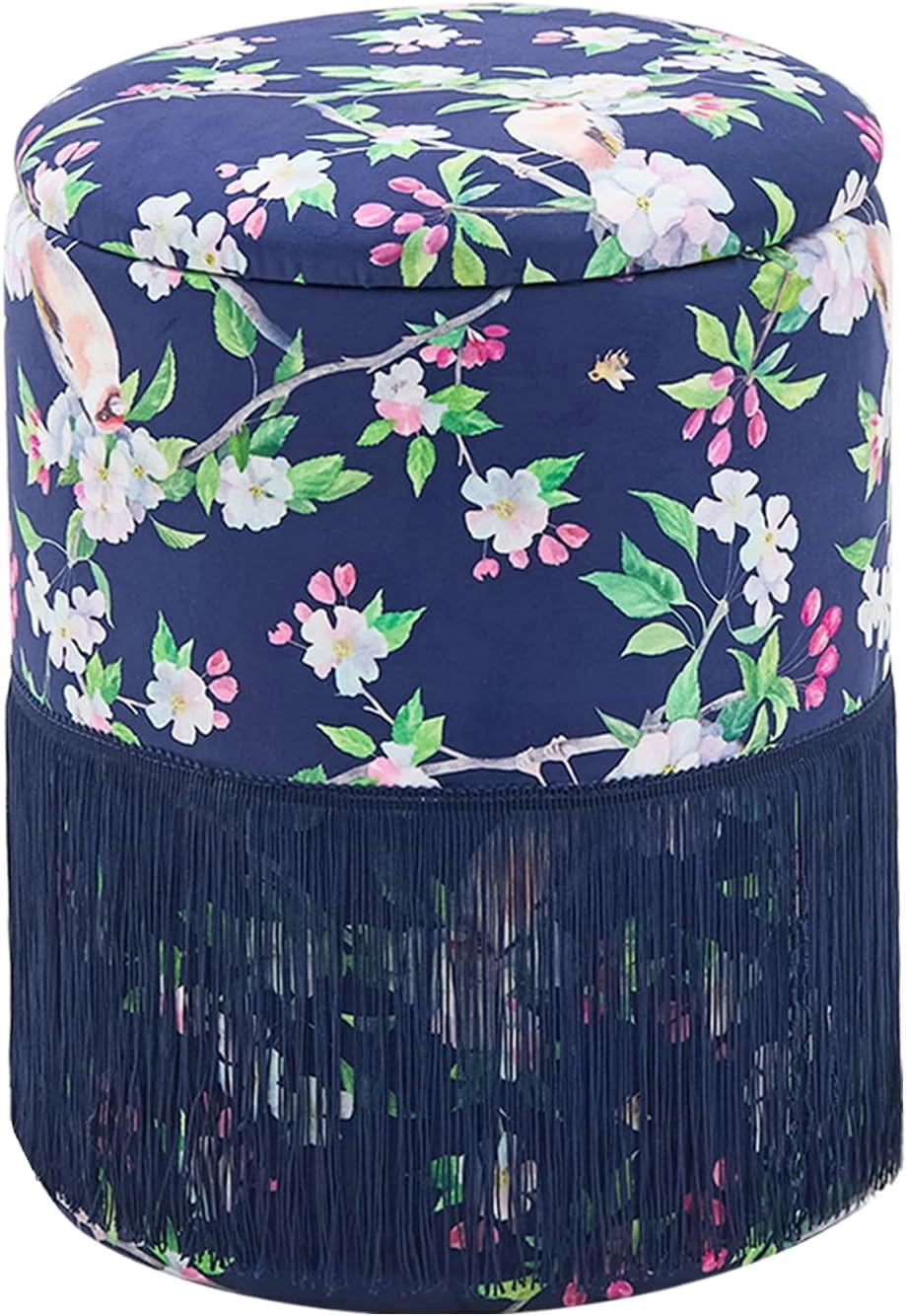 Casa Pura Furniture Storage Ottoman Round Velvet with Fringe Blue Hidden Storage 17.72 in H