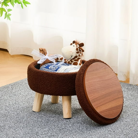 Casa Pura Furniture Storage Ottoman, Modern Round Footrest with Soft Padded Seat, Teddy Velvet Footstool with Wood Legs, Accent Small Table or Plant Stand for Hallway, Living Room