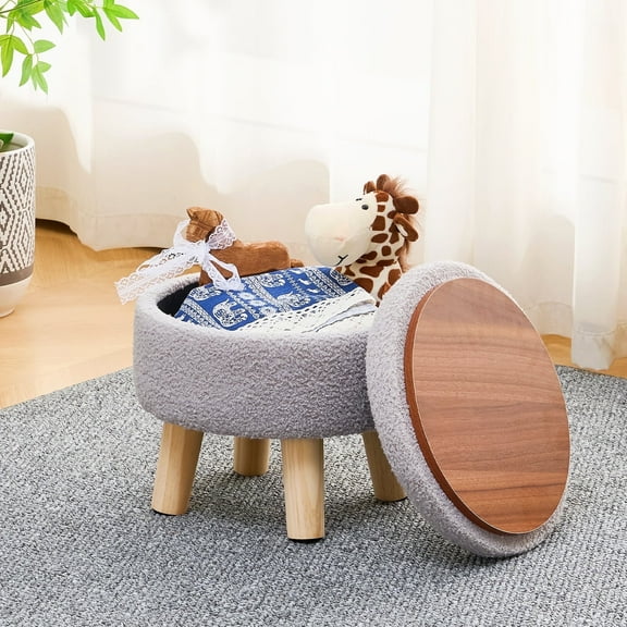 Casa Pura Furniture Storage Ottoman, Modern Round Footrest with Soft Padded Seat, Teddy Velvet Footstool with Wood Legs for Hallway, Living Room